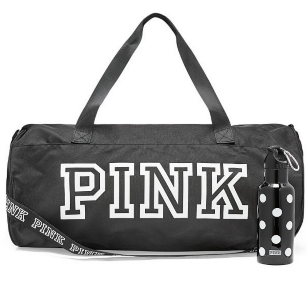 PINK Victoria's Secret Black Logo Duffle Bag and Matching Water Bottle
